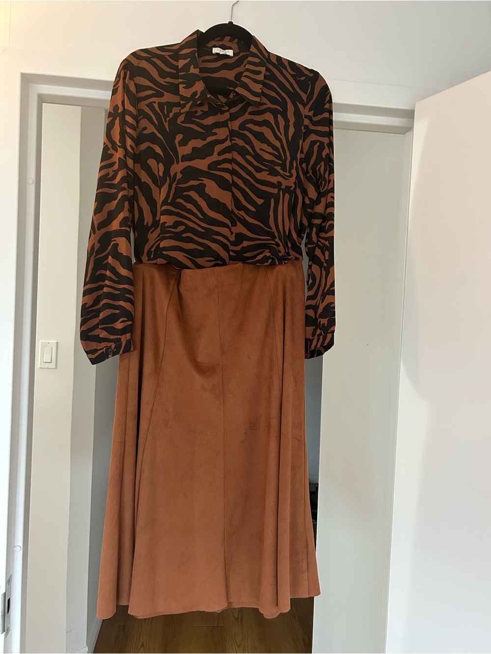 LAURA’s Brown Zebra-Print Long Sleeve shirt with Rust Maxi Skirt Set